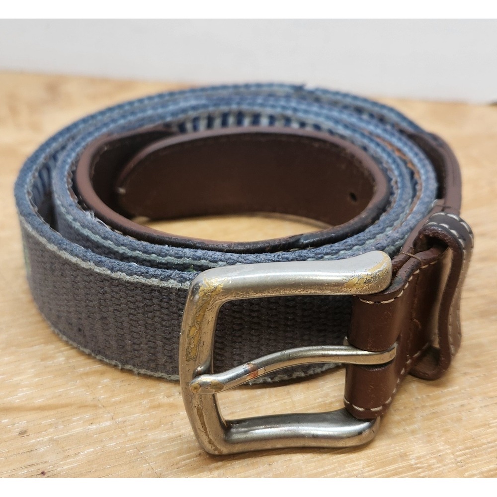 Peter Millar Mens Canvas Leather Belt Grey Brown Striped Solid Brass Buckle
